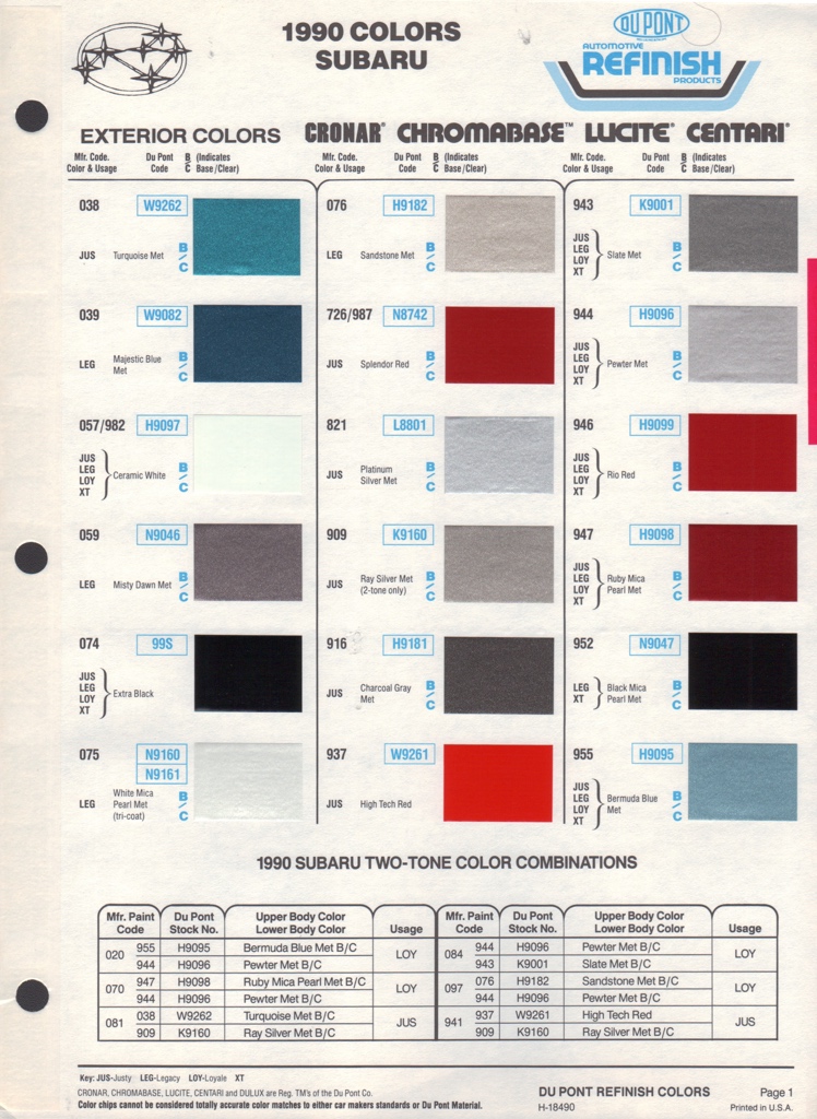1990 Subaru Paint Charts DuPont